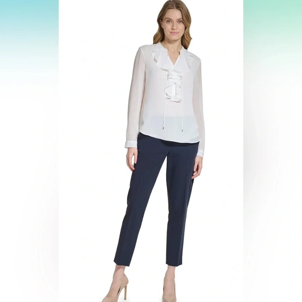 TOMMY HILFIGER Women's Classic Long Sleeve Ruffle Front Blouse - Ivory - Picture 5 of 9